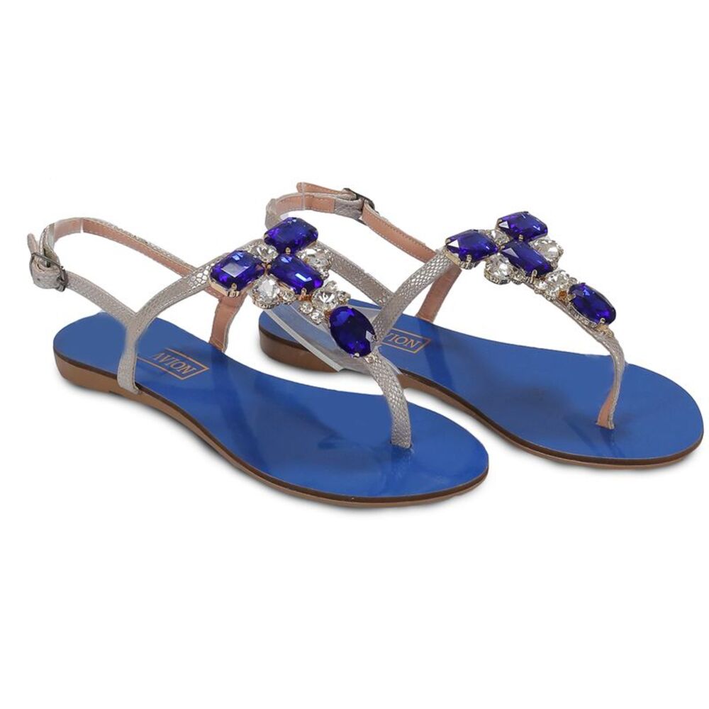 Ventutto Rio Blue Silver Crystal Cluster T Strap Sandal